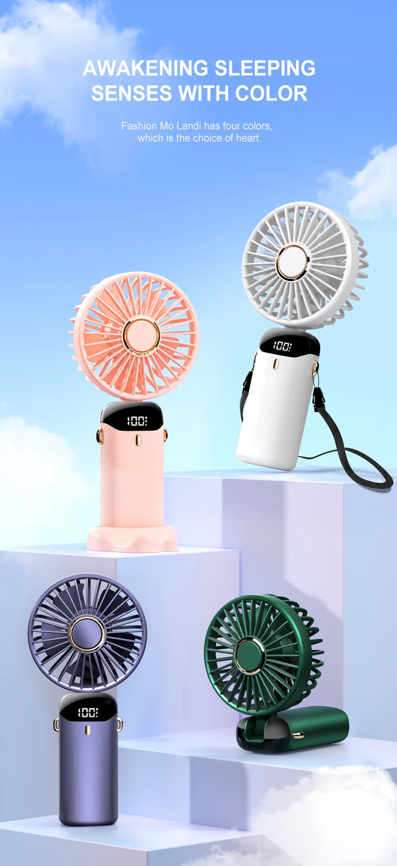 USB Handheld Mini Fan Foldable Portable Neck Hanging Fans 5 Speed USB Rechargeable Fan with Phone Stand and Display Screen ADreamFuture