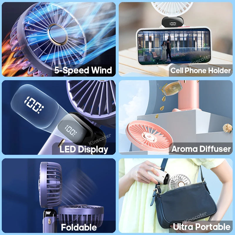 USB Handheld Mini Fan Foldable Portable Neck Hanging Fans 5 Speed USB Rechargeable Fan with Phone Stand and Display Screen ADreamFuture