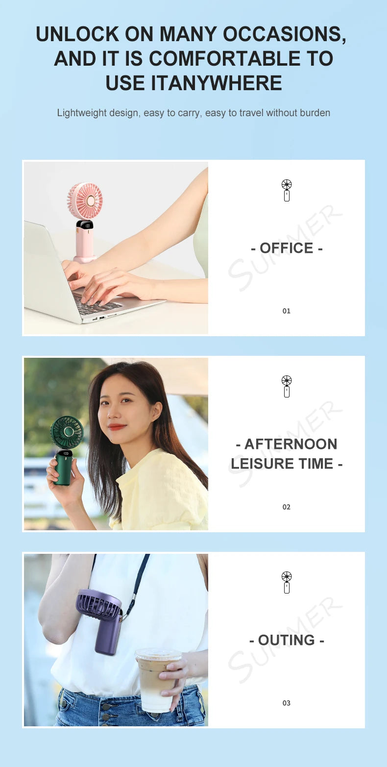 USB Handheld Mini Fan Foldable Portable Neck Hanging Fans 5 Speed USB Rechargeable Fan with Phone Stand and Display Screen ADreamFuture